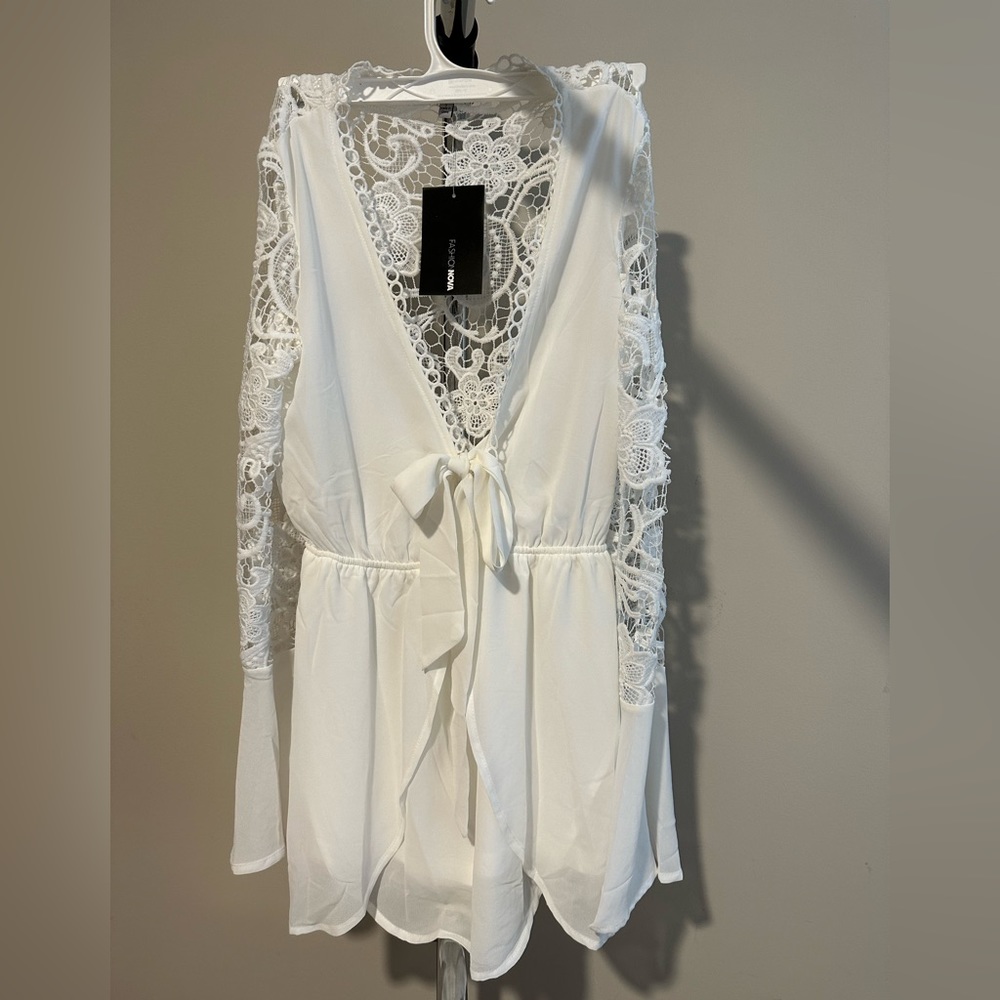 Fashion Nova Off-White Lacy Romper